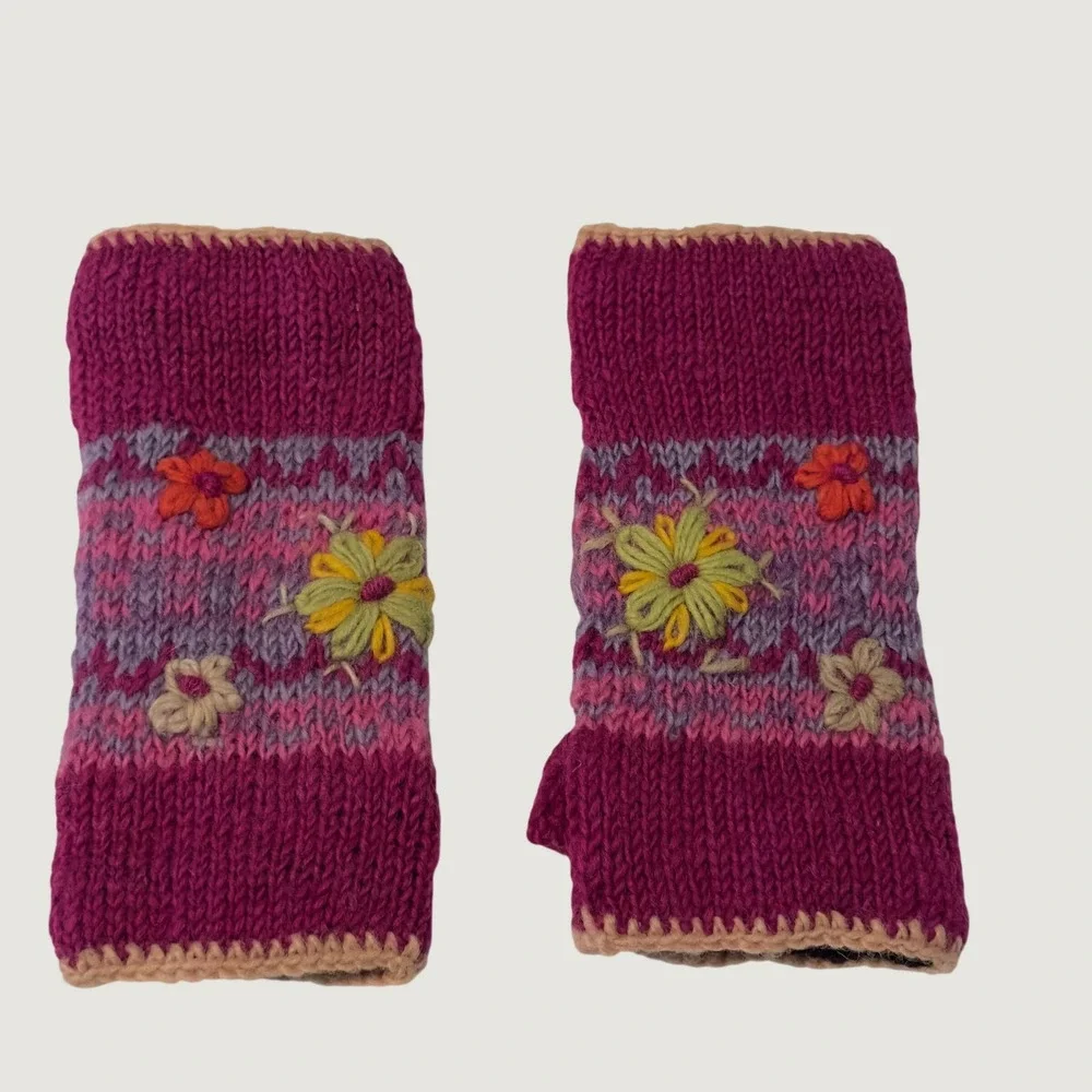 Mexicali Blues Hand Knitted Wool Fingerless Gloves Floral Fleece Lined Magenta